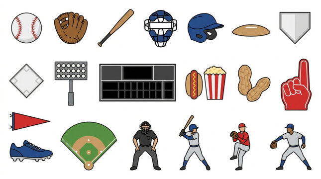 Flat lay illustration featuring baseball equipment including a bat, glove, ball, helmet, cap, home plate, base, and cleat against a light background