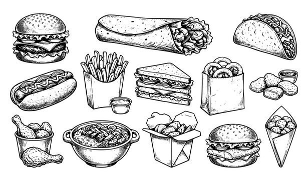Fast Food Meals Burgers Tacos Fries and Snacks Illustration Vector Set