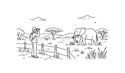 Wildlife photographer taking pictures of an elephant in the savanna. Nature landscape and African safari trip line art vector illustration. © Crafts Home