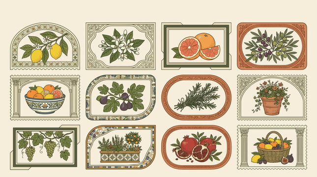 Vibrant autumn harvest fruit and vegetable illustration showcasing pumpkins, apples, pears, and gourds in rustic frames for seasonal decor.