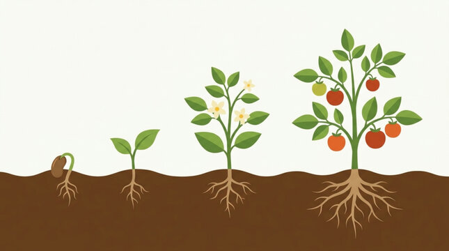 Illustration showing the complete growth cycle of a tomato plant from a seed to a mature plant with fruit, displayed against a white background