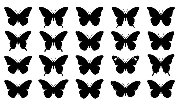 Set of black butterfly silhouettes isolated on white background. Group of solid monarch butterflies vector icons collection for design