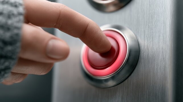 Hand pressing control button on metallic kitchen appliance, automation concept