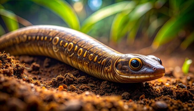 Close-up of a ringed caecilian, a limbless amphibian in soil