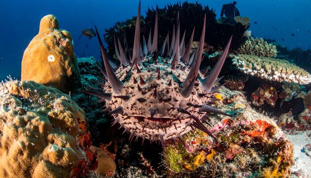 Close-up of Crown-of-Thorns Starfish on Coral Reef with Spines