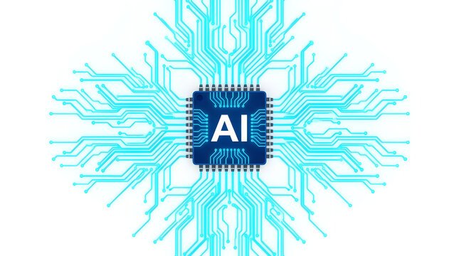 AI Chip: An illustration of a stylized computer chip labeled AI, representing the core of artificial intelligence. It symbolizes technological advancement and innovation.