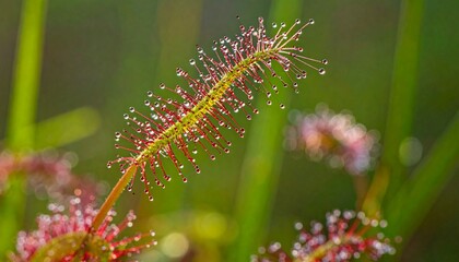 Fototapeta premium Macro close-up of sundew plant tentacles with sparkling dew drops in sunlight