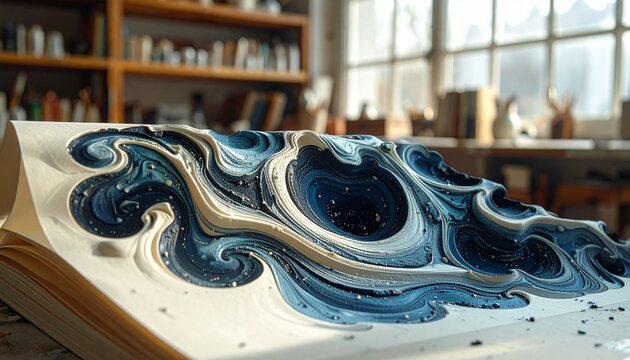 Close-up of marbled endpaper with swirling blue and white stone combed pattern