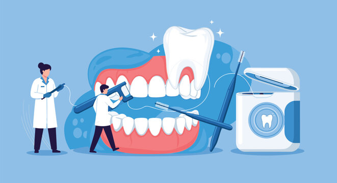 Dental professionals demonstrating oral hygiene practices on giant set of teeth with floss and interdental cleaning tools.