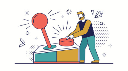 Man playing a large retro arcade game joystick and button. © yahya