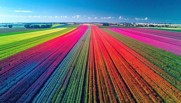 Aerial view of colorful agricultural fields in false-color infrared imaging