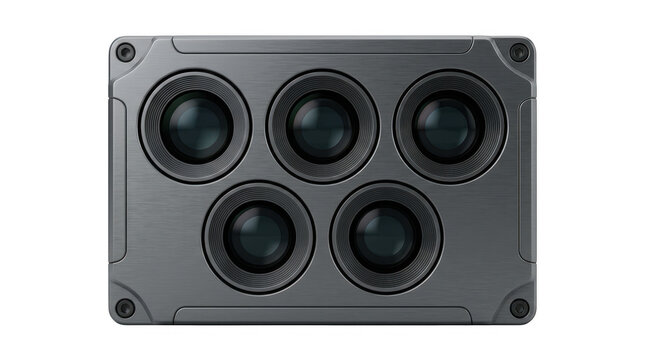 Five circular lens array mounted on a rectangular metal housing for surveillance or imaging.