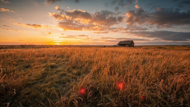 Beautiful rural landscape with golden grass field and dramatic sunset sky