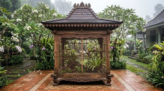Traditional ornate Javanese wooden birdcage standing in a lush tropical garden with blooming frangipani flowers under soft foggy morning light for luxury travel and cultural heritage concept