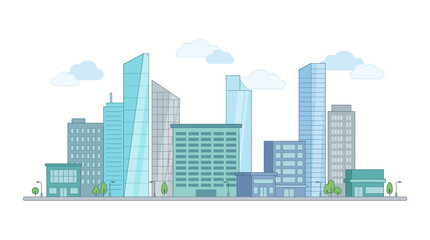 Fototapeta premium Cityscape illustration shows modern buildings and skyscrapers standing tall with trees and clouds