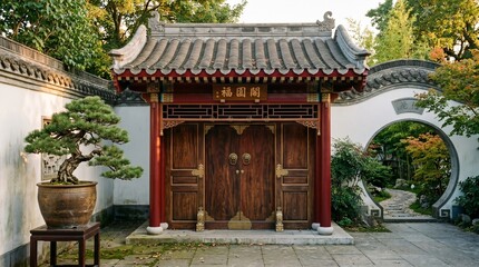 Fototapeta premium Traditional Chinese garden entrance with wooden doors red pillars and a bonsai tree under soft natural daylight representing Asian heritage zen tranquility and cultural tourism architecture
