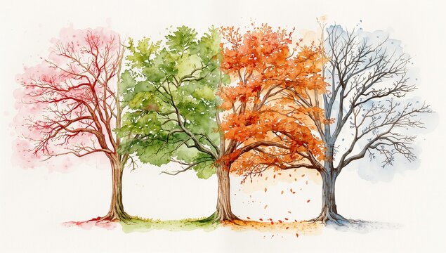 Colorful array of weathered trees with changing autumn and winter foliage in watercolor style