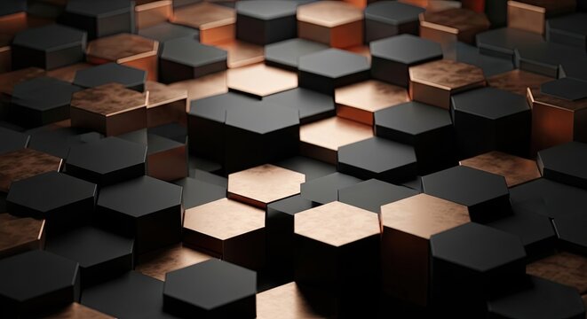Dark 3D hexagonal pillars with metallic bronze accents form a luxury geometric Abstract Background Concept Design