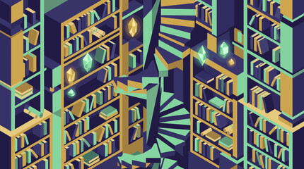 Abstract illustration of a library with bookshelves and spiral staircase. © yahya