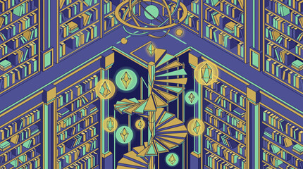 Abstract geometric pattern with library and spiral staircase elements. © yahya
