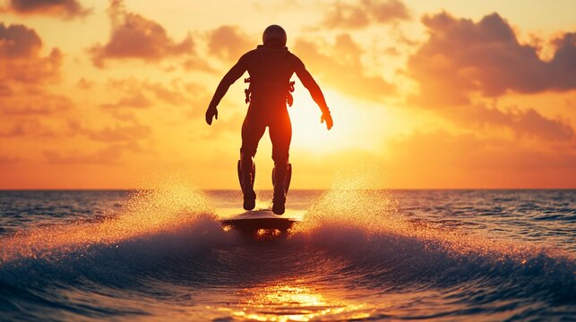Sunset ocean flyboarder silhouette,  water sport, advertisement