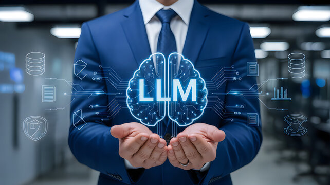 Business person holding futuristic brain with lm letters