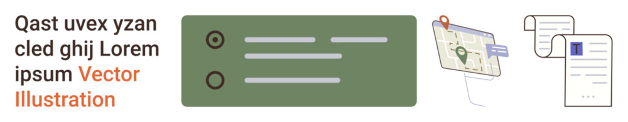 Digital services, navigation, data management, information organization, document processing, online forms. Interface with text fields, a map with a location pin and document icons. Digital services © robu_s