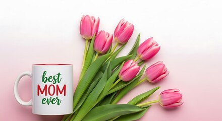 Fototapeta premium Pink tulips with best mom ever coffee mug