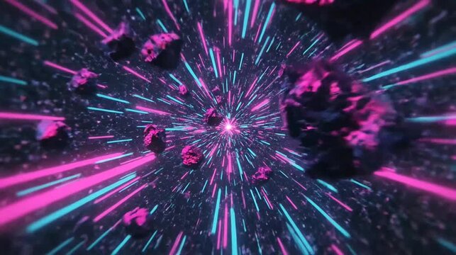 Asteroids flying through neon hyperspace with pink and blue light trails