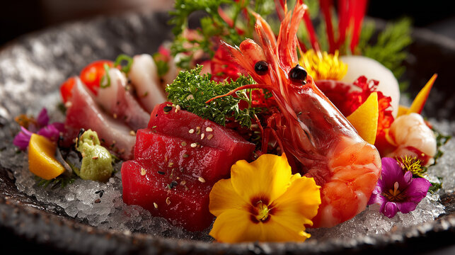 Breathtaking platter of fresh raw seafood sashimi with elegant artistic presentation.