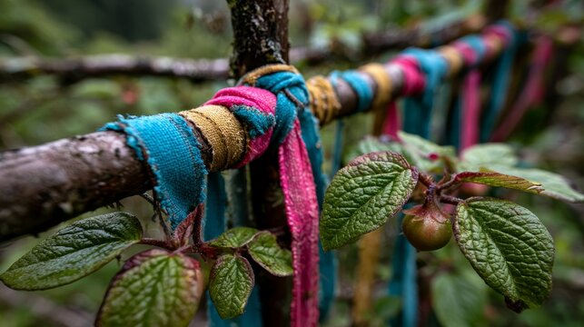 Vibrant Macrame Knots and Floral Accents on Rustic Outdoor Branches