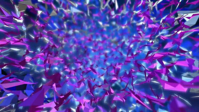 Abstract purple and blue low poly geometric shapes moving in tunnel motion with shiny metallic texture
