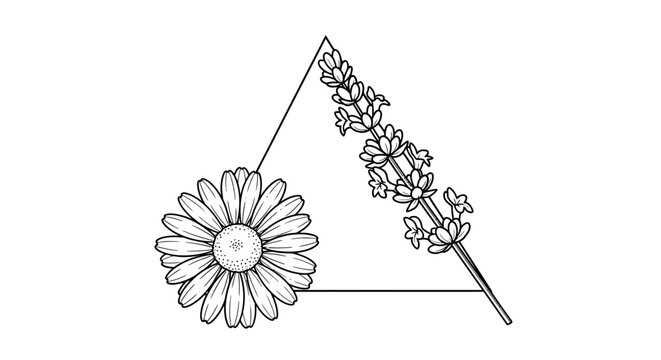 Simple line drawing of flowers in triangle.