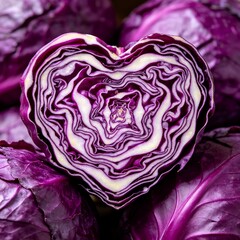 Obraz premium Heart Shaped Cross Section of Purple Red Cabbage, Natural Pattern and Texture Closeup