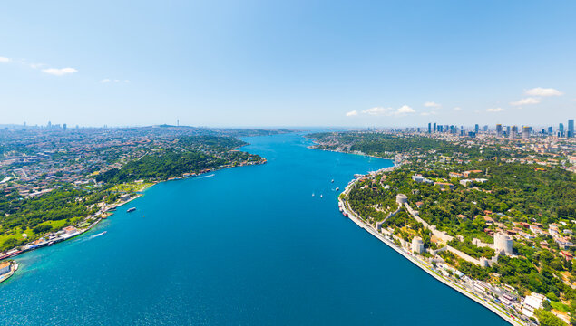 stanbul, Turkey. Scenic summer view from above of Istanbul spanning Europe and Asia across Bosphorus. Aerial view