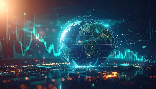 Global economic growth and interconnected financial markets represented by a digital earth with glowing data lines and stock market charts