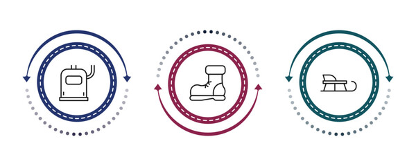 Obraz premium outline winter icons set - heater, snow boot, sledge. editable vector for web and mobile ui
