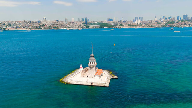 Istanbul, Turkey. Maiden s Tower Kiz Kulesi historic landmark on small island in Bosphorus Strait aerial close up view. Aerial View