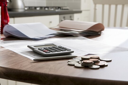 Household budget documents with calculator and coins on kitchen table