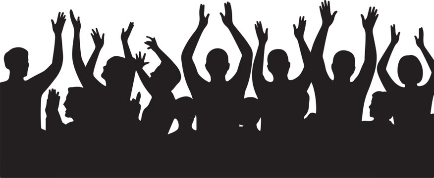 Silhouette of a crowd of people cheering and clapping with hands raised in the air