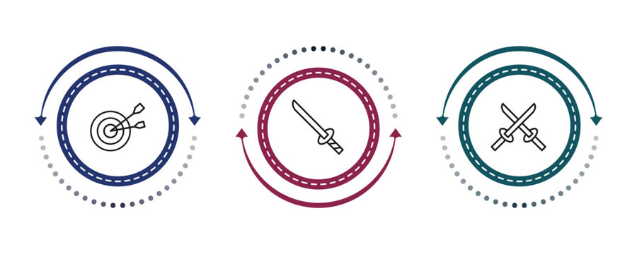 outline weapons icons set - objetive, katana with handle, two katanas. editable vector for web and mobile ui