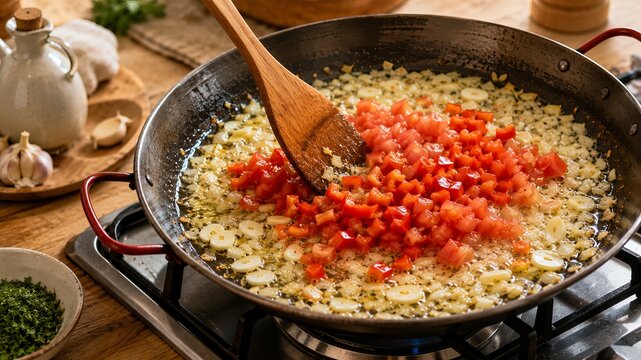 Seafood Paella step by step, Stage 3 of 8: Sofrito Base, Paella de Marisco cooking process