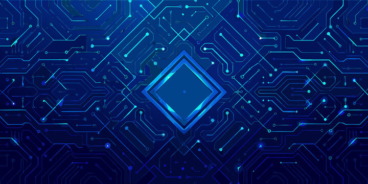 Abstract circuit board pattern with glowing blue microchip in the center digital technology background