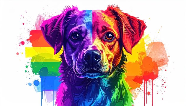 Vibrant Rainbow Splash Portrait of a Loyal Dog with a Prideful Spirit