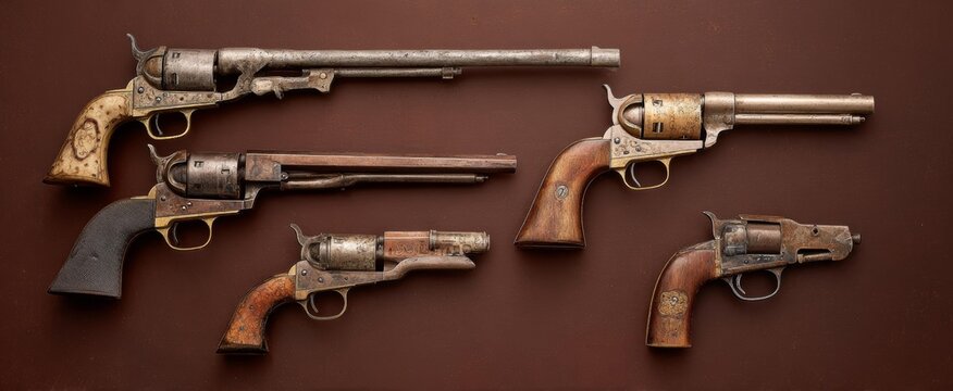 A collection of vintage antique firearms, including rifles and shotguns, rests on a dark brown surface, showcasing historical craftsmanship and rustic texture.