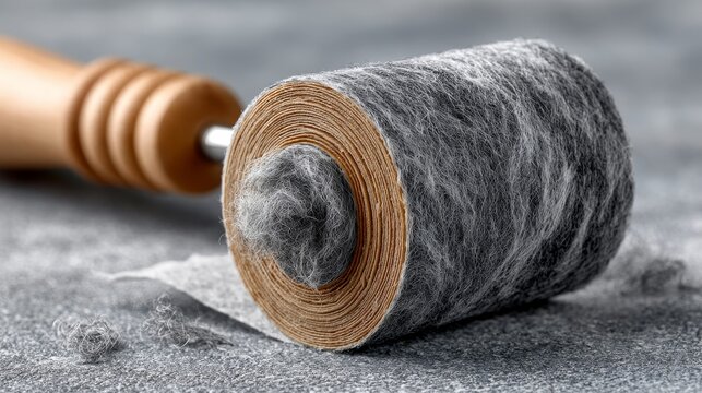 Grey wool roll next to wooden roller for textile crafting and fiber art projects