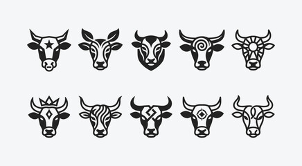 Obraz premium Set of stylized bull head logos and icons with black and white vector