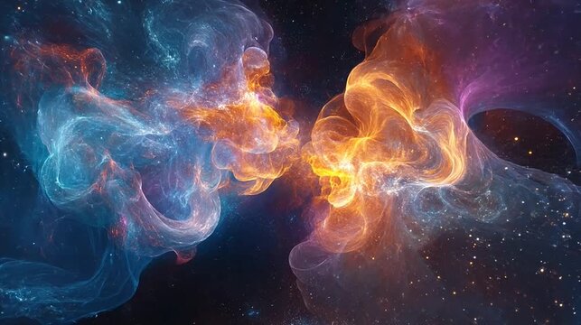 Blue and orange cosmic nebulae colliding in dark starry deep space