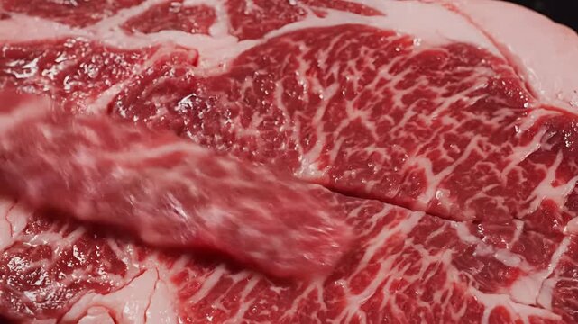 Closeup of Marbled Raw Beef Slices for Grilling.
