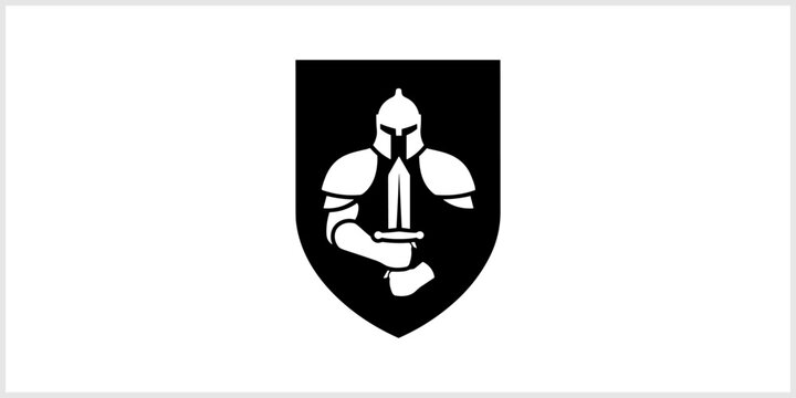 Medieval Knight Silhouette On Shield Emblem